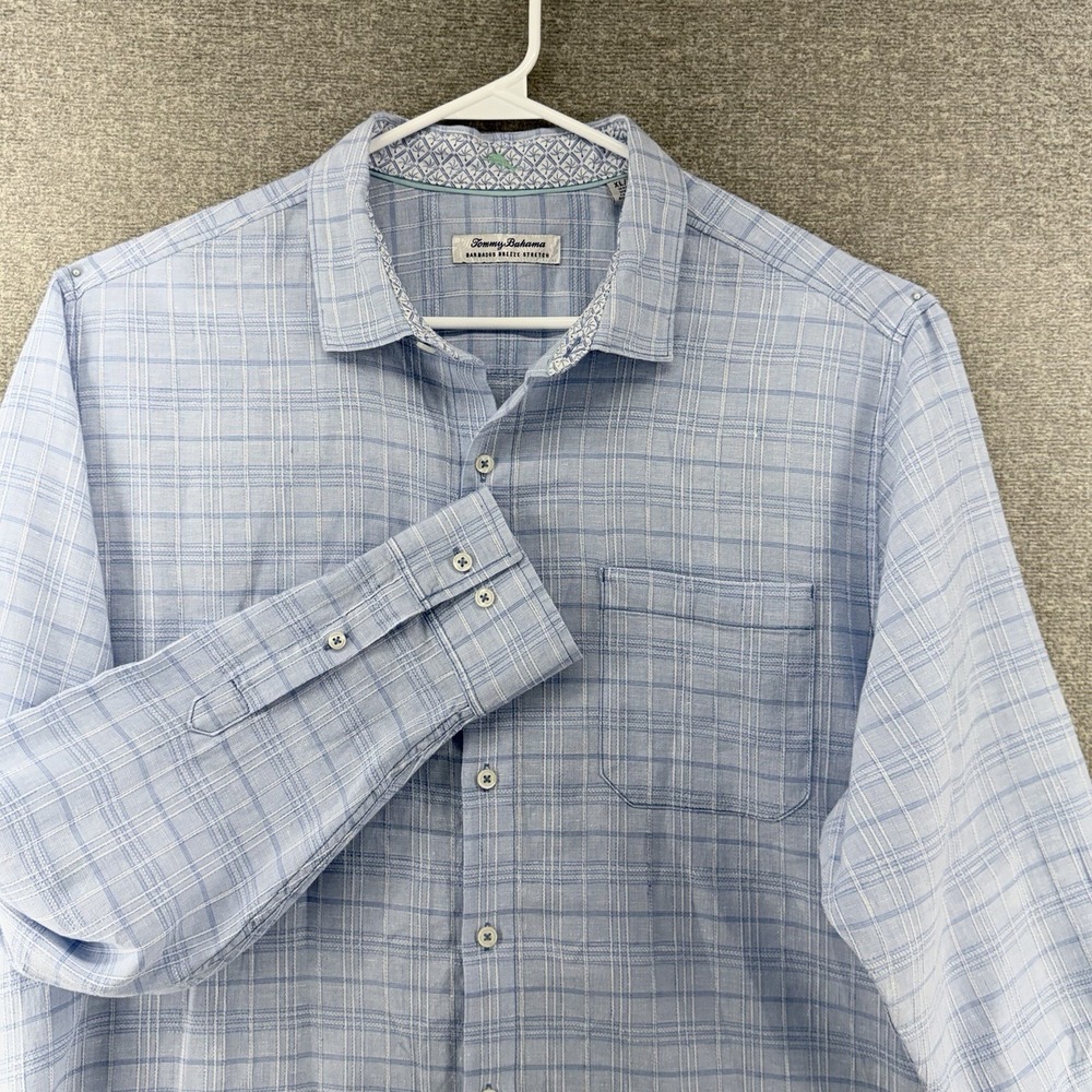 Tommy Bahama Barbados Breeze Stretch Shirt Men XL Blue Plaid Long Sleeve Linen